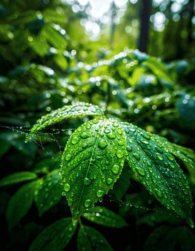 Lush Green Leaves with Morning Dew by Transmutation Art