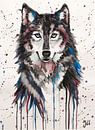 Wolf aquarel in kleur van Bianca ter Riet thumbnail