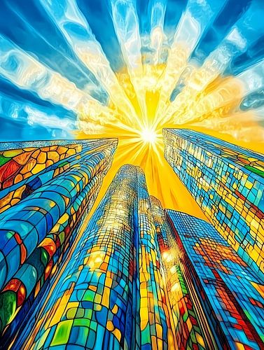 Abstracte skyline grote stad bij zonsondergang van Jan Bechtum