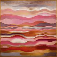 Abstract mountain landscape in warm, summery colours of pink, red, gold
