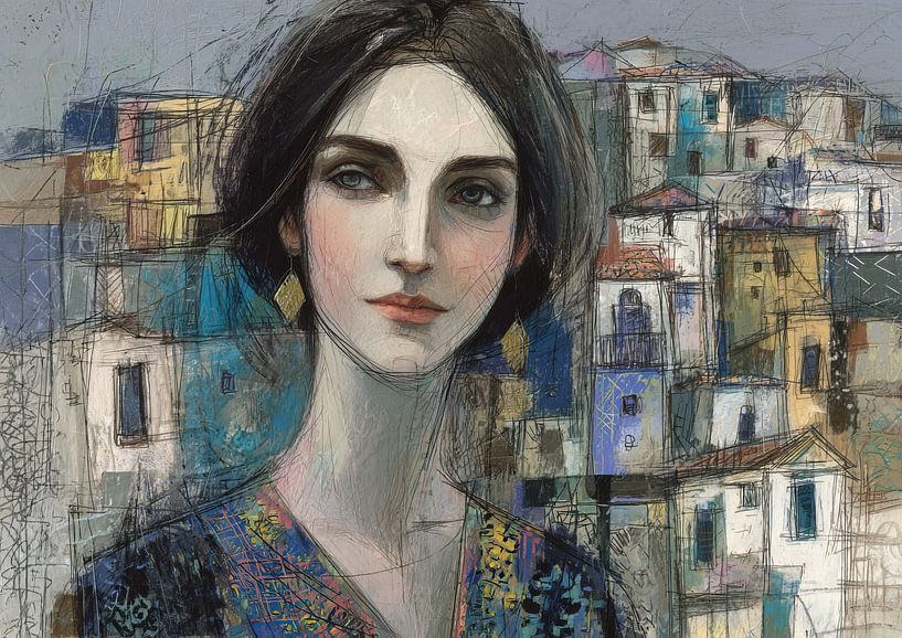 Sardinia painting | Woman with Houses by Abstract Painting