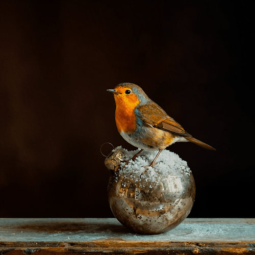 A cosy winter atmosphere: a robin on a snow-covered Christmas bauble