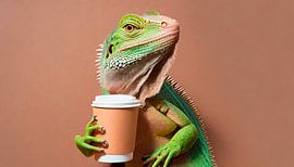 Iguana with coffee mug