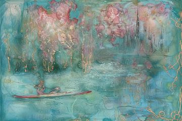 Impressionisme, roze en turquoise, roeiboot van Joriali Abstract