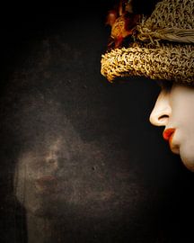 Reflection vintage portrait lady with wicker hat by Rik Verslype