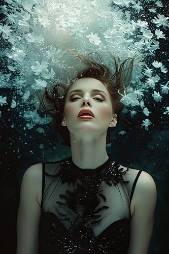 vrouw met hoofd in de wolken