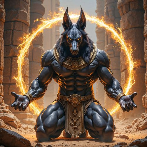 Fantasy Pharaoh Wall Art: ANUBYRA - Anubis opent het gouden portaal van de goden