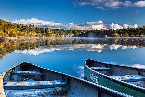 reflection, water, canoe, autumn