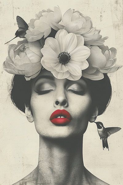 Black and white art portrait with red lips by Marijke Trienekens