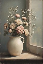 Reproduction d'un bouquet de fleurs vintage dans un vase en forme de cruche blanche sur VICTOR S