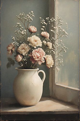Vintage Floral Bouquet in White Pitcher Vase Art Print