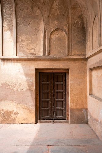 Beige Muur en Bruine Deur in Red Fort Agra