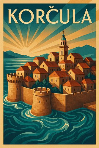 Korčula Oude Stad Kust Art Deco Poster