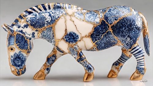 paard in delfts blauw en goud op een wit marmeren achtergrond