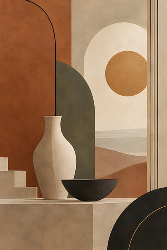 Aardetinten en minimalistische vormen – Modern abstract stilleven | Hedendaagse neutrale wanddecoratie