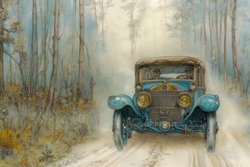 Dessin d'une voiture de collection "Classic Car in the Mist" (Voiture de collection dans la brume) par Dessins et peintures de Peter Pen