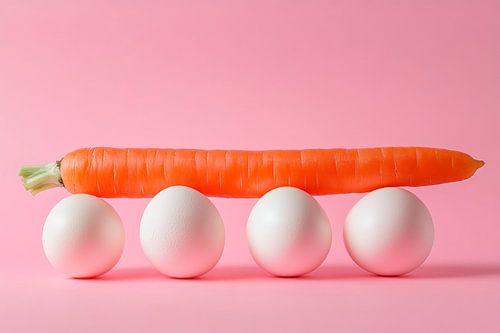 Wortel op eieren tegen een roze achtergrond