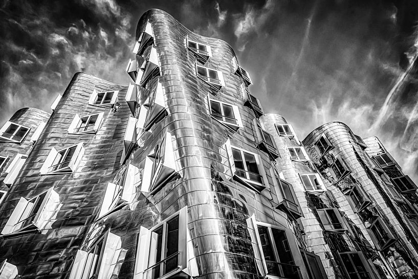 Gehry buildings in the media harbour in Düsseldorf in black and white by Dieter Walther