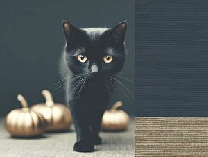 lustige schwarze Katze in Halloween-Dekor Zimmer.