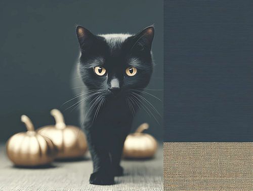 grappige zwarte kat in Halloween decor kamer.