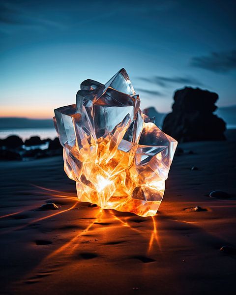 Ijskristal op het strand bij zonsopgang van fernlichtsicht