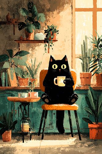 Chat noir avec une tasse parmi les plantes