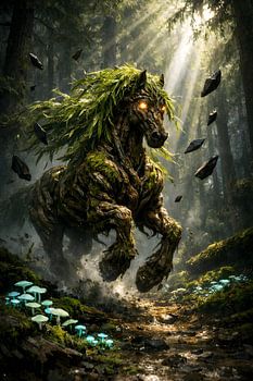 Kunstwerk: Mythischer Waldgeist, Baum und Pferd