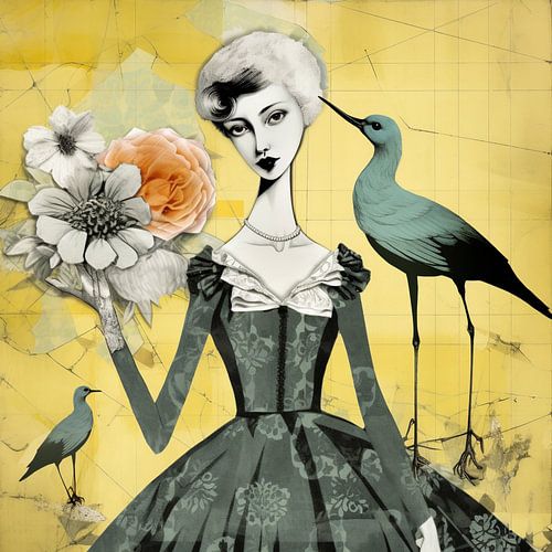 Lady with birds and flowers.