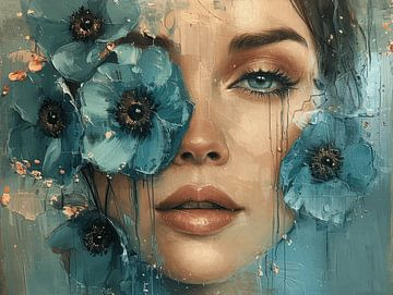 Modern portrait with blue flowers by Carla Van Iersel