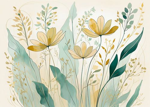 Elegante illustratie van botanische bloemen in pastelkleuren met minimalistische bladeren van hisam colours