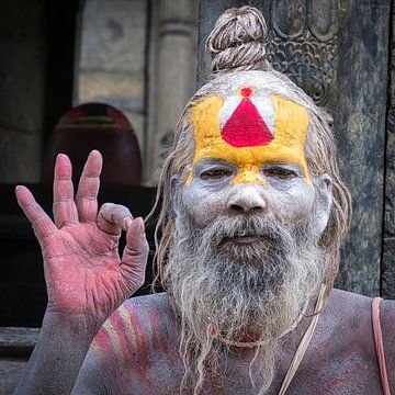 Een sadhoe voor de tempel in Nepal van Rietje Bulthuis