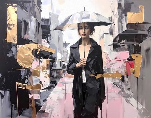 Semi abstract figuratie kunstwerk vrouw in de regen