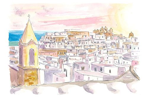 Ostuni Pouilles Italie Aquarelle Paysage urbain au coucher du soleil