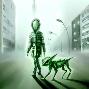 Un extraterrestre promène un chien extraterrestre dans une ville brumeuse aux tons verts et gris.