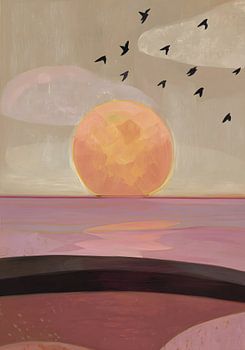 Abstract landschap met zon en vogels