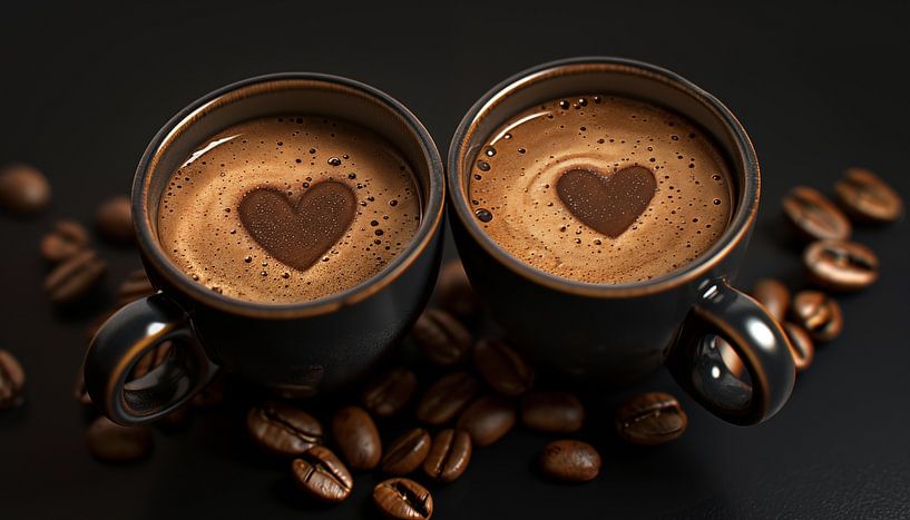 Tasses de café avec des grains de cœur panorama brun par TheXclusive Art
