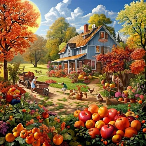 Landhuis Herfstoogst Mensen Pompoenen Bomen Appels