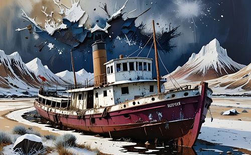 Onwerkelijk winterlandschap met stoomboot