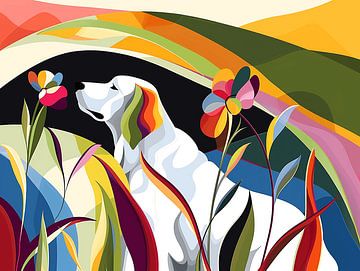 De Pyrenese Berghond in Kleurrijke Abstractie van Karina Brouwer
