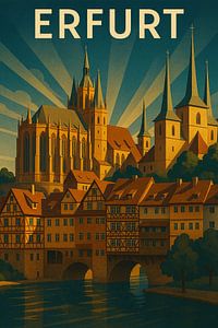 Erfurt Art Deco Reiseplakat - Dom & Krämerbrücke