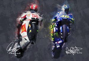 Oil paint portrait of Marco Simoncelli & Valentino Rossi version 1 by Bert Hooijer