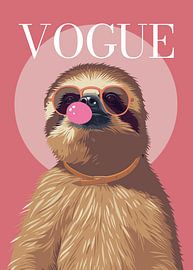 Faultier, stylisch mit Sonnenbrille, bläst rosa Kaugummi – Vogue-Poster von Cross