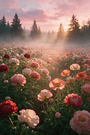 Nebliger Sonnenaufgang über einer rosa Blumenwiese von Matthias Hauser