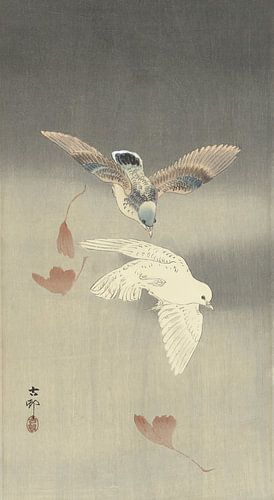 Ohara Koson - Zwei Tauben mit fallenden Ginkgoblättern (bearbeitet)