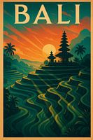 Vintage Bali Poster - Ubud Reisterrassen und Tempel glühen