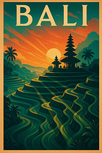 Vintage Bali Poster - Ubud Reisterrassen und Tempel glühen