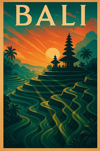 Vintage Bali Poster – Ubud Rice Terraces and Temple Glow