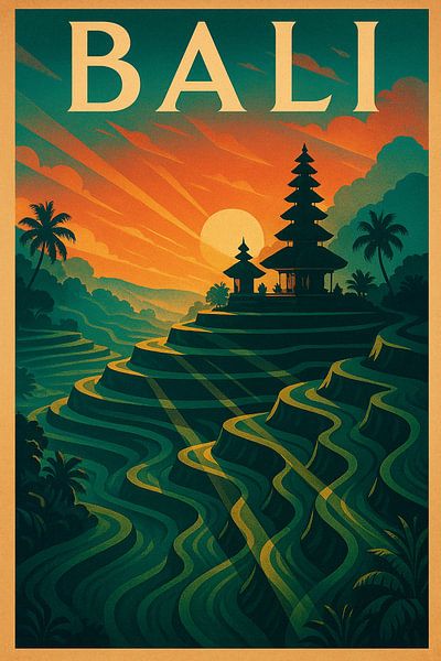 Vintage Bali Poster – Ubud Rice Terraces and Temple Glow by Travel Shop