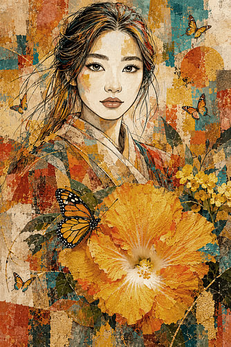 Japanese-inspired woman with butterflies and yellow hibiscus in earthy tones
