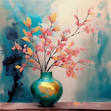 Japandi Stilleven schilderij. Bloesem op Vaas in Turquoise en Goud van Studio Pieternel